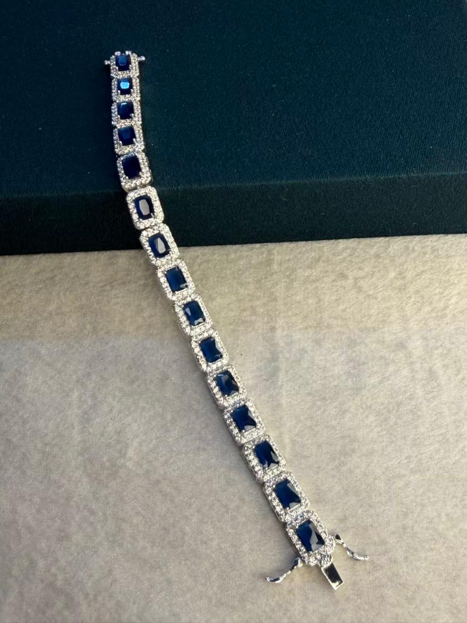 Blue Square Shape Stones Silver Plated Tennis Bracelet