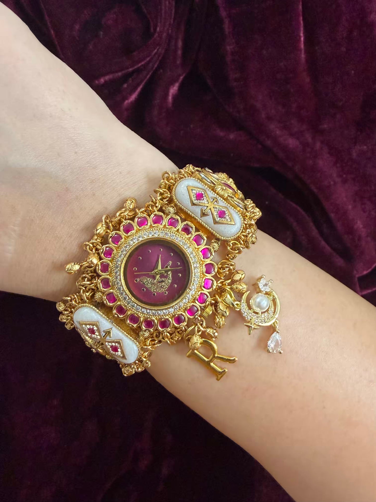 Burgundy Peacock Dial Maharani Watch Heritage Bracelet ( Add your initial FREE )