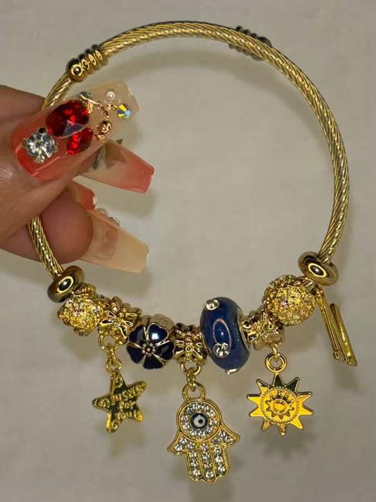 Pandora Charms Dark Blue Hamsa Bracelet With Customised Initial  ( Gold )