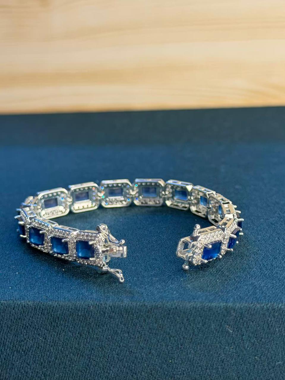 Blue Square Shape Stones Silver Plated Tennis Bracelet