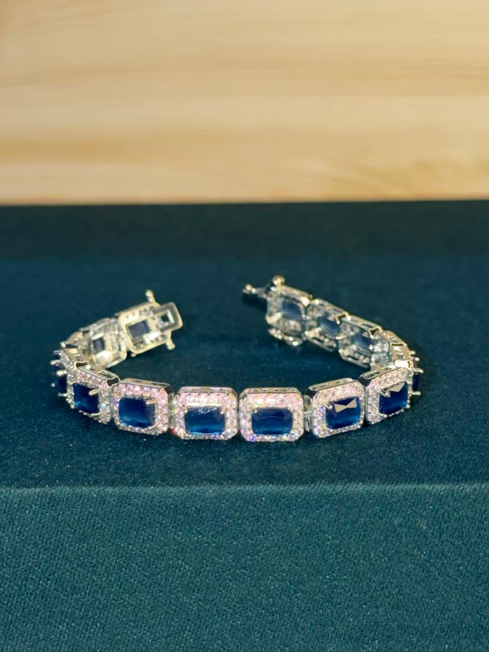 Blue Square Shape Stones Silver Plated Tennis Bracelet