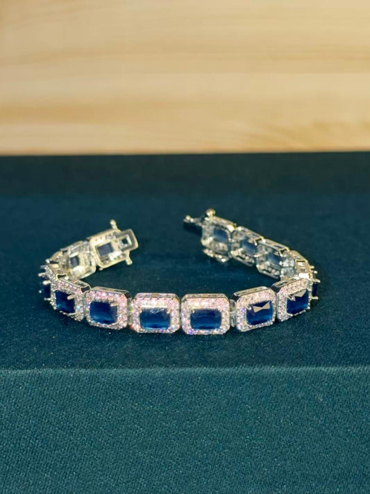 Blue Square Shape Stones Silver Plated Tennis Bracelet