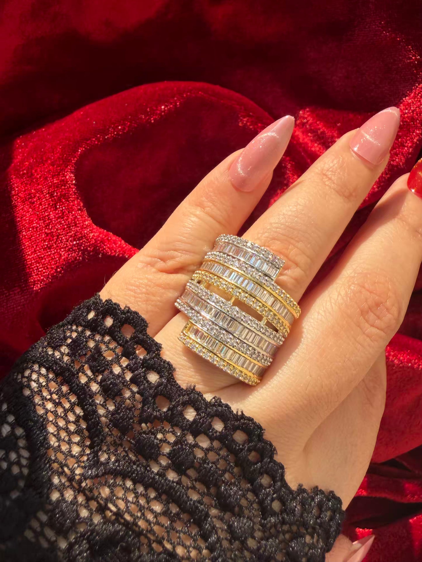 Layered Round Crown Crystal 18K Gold Plated Statement Ring Adjustable