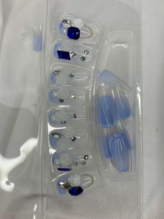 Blue Sapphire Stones Fancy Party Bridal Press On Nails ( Set of 24 )