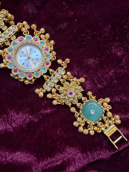 Mint Floral Premium Gold Rajwadi Gold Plated Heritage Maharani Watch