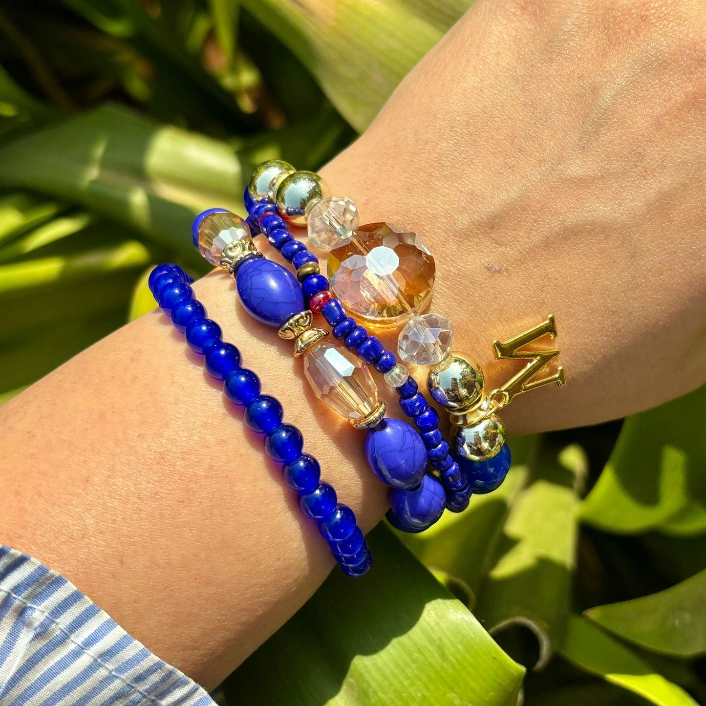 Bright Blue Crystals Stack Elastic Bracelet With Customised Initial ( Gold )