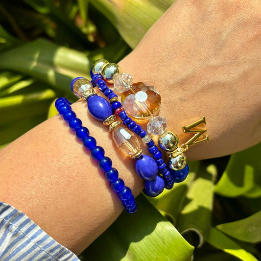Bright Blue Crystals Stack Elastic Bracelet With Customised Initial ( Gold )