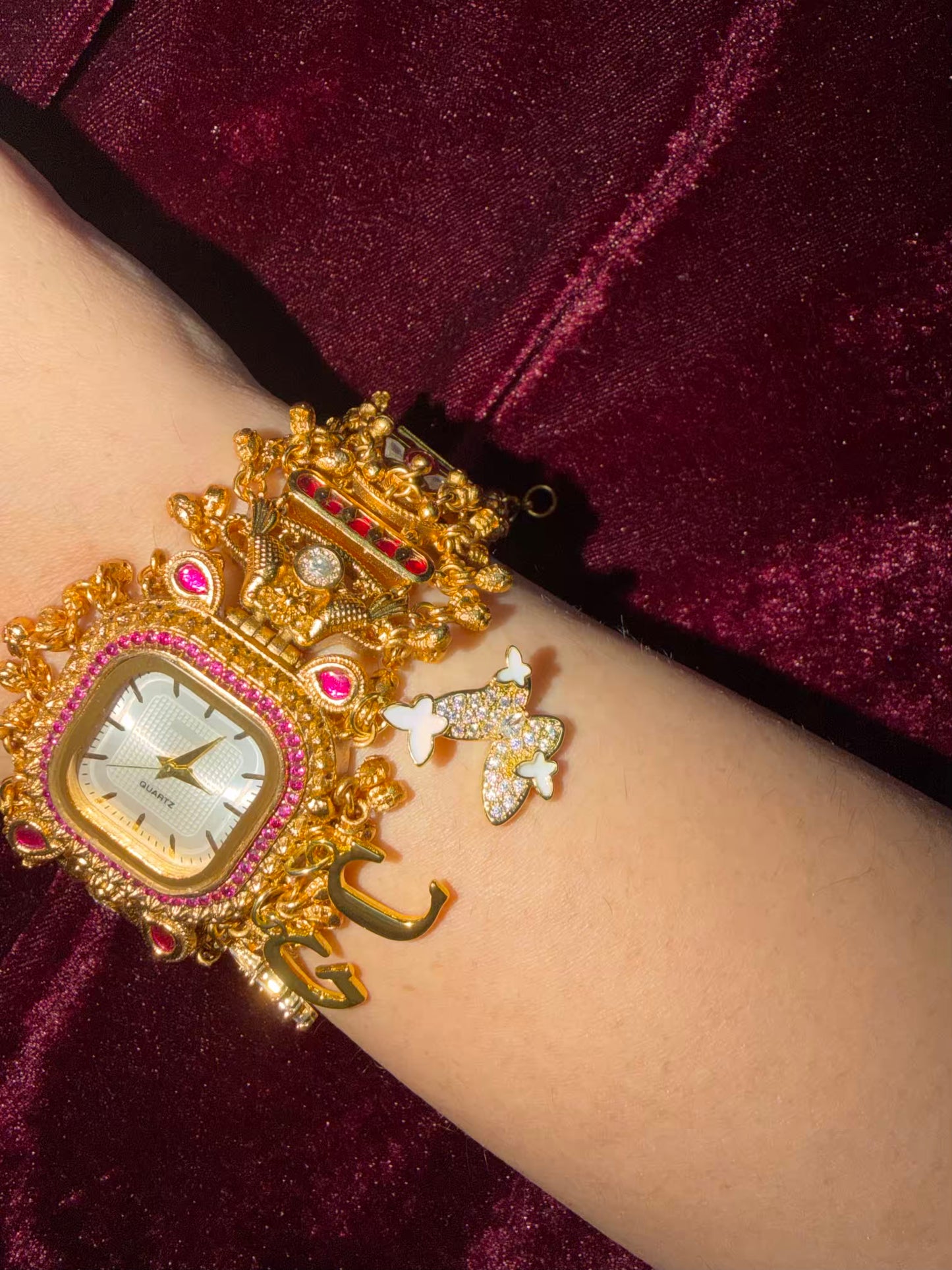 Square Dial Maharani Watch Heritage Bracelet with Butterfly and Heart  Charms