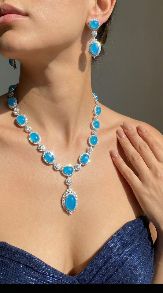Oval Halo Design Rhodium-Plated Necklace Set with Turquoise Blue Stones