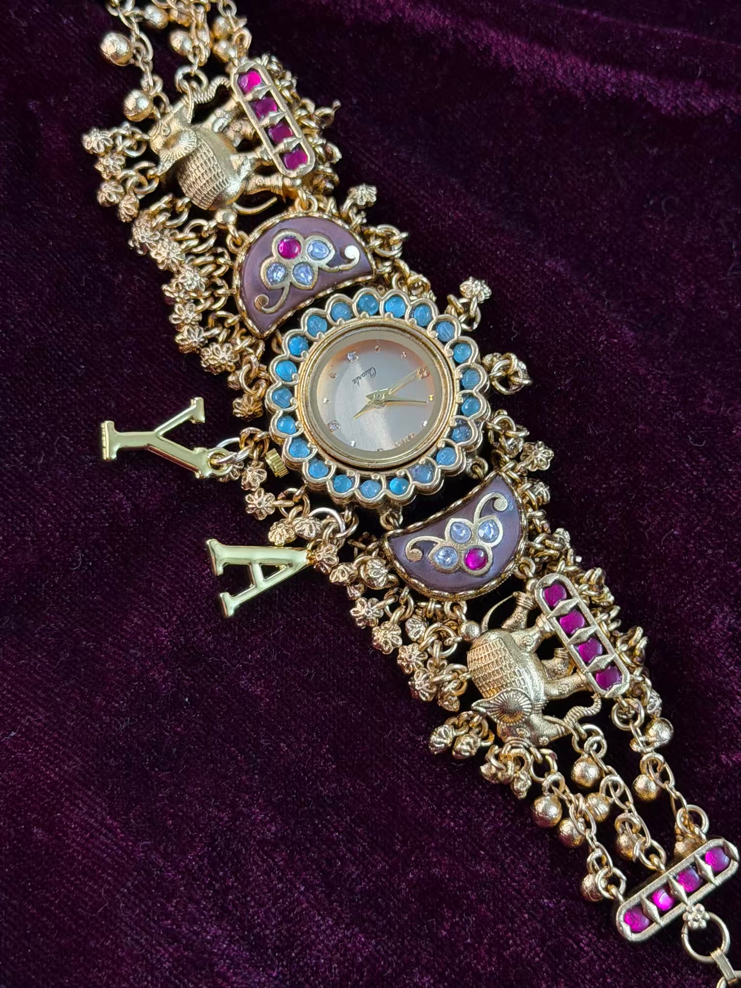 Green in Burgundy Dial Half Moon Maharani Watch Design Bracelet