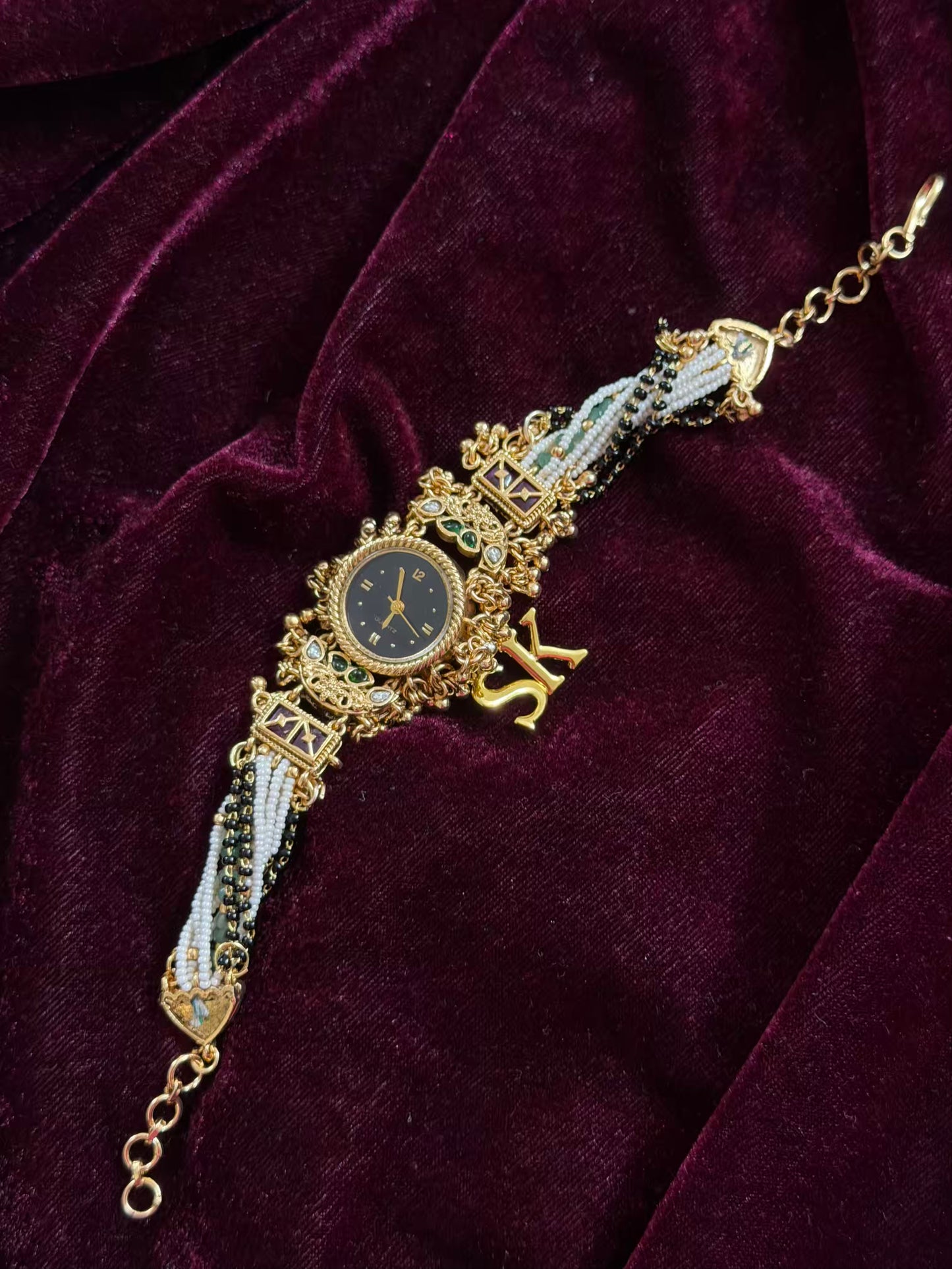 Nazar Mangalsutra Beads Black Round Dial Gold Maharani Watch Design Heritage Bracelet