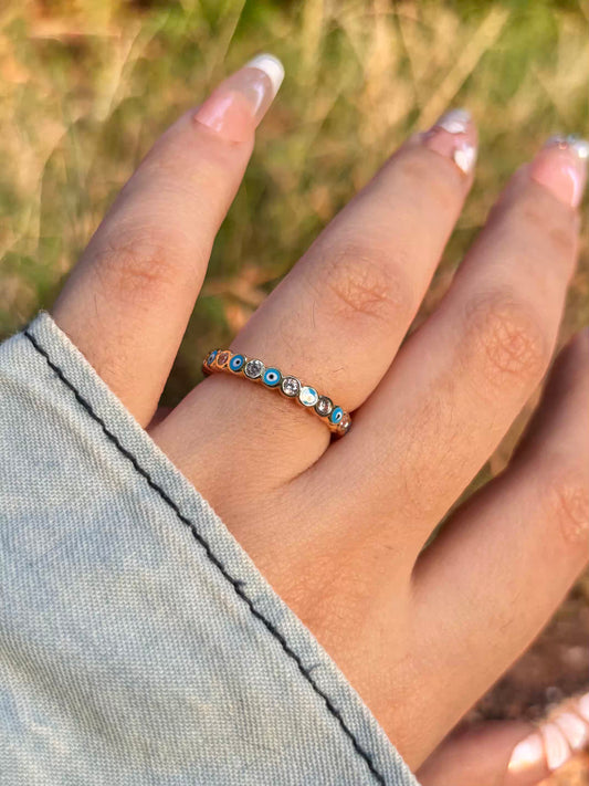Light Blue Thin Evil Eye  Band Ring - Adjustable