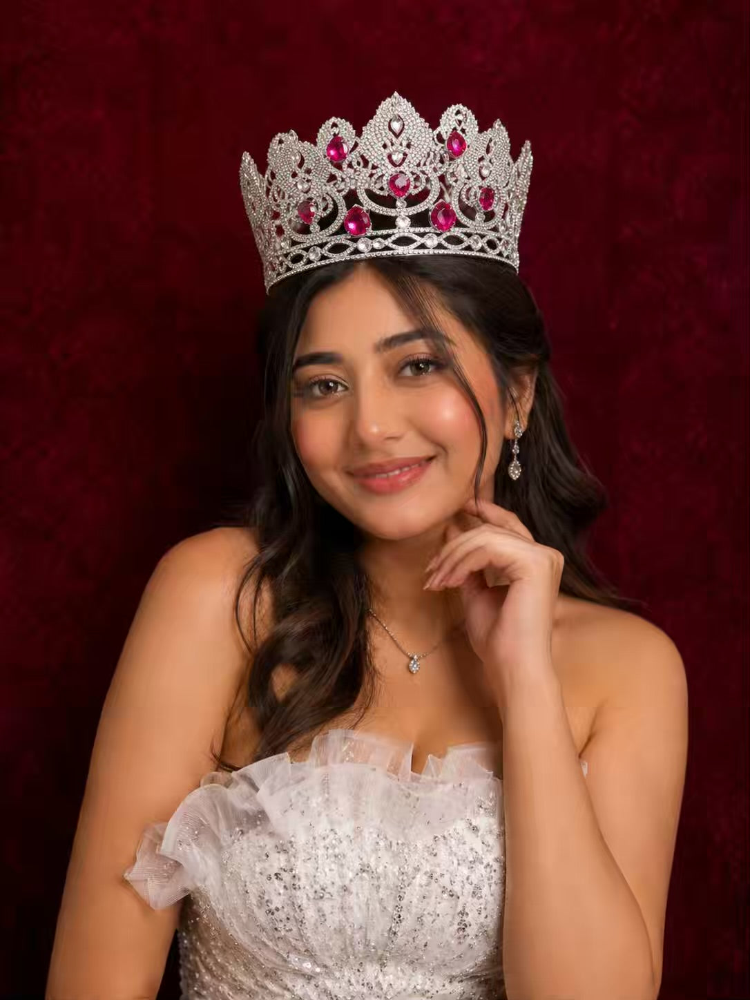 Pink Ruby Queen Crown - Silver Plated