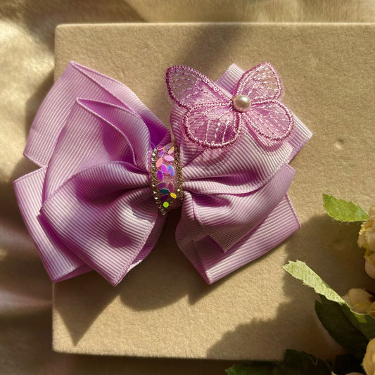 Butterfly Shimmer Double Hair Bow Clip For Women - Lilac Purple ( Ribboned)