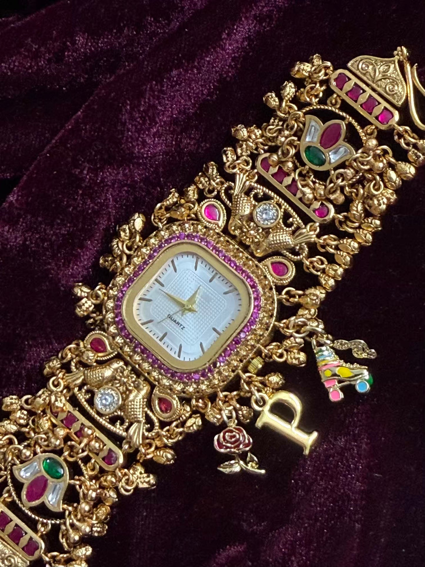 Square Dial Maharani Watch Heritage Bracelet with Skates and Rose ( Add your initial FREE )