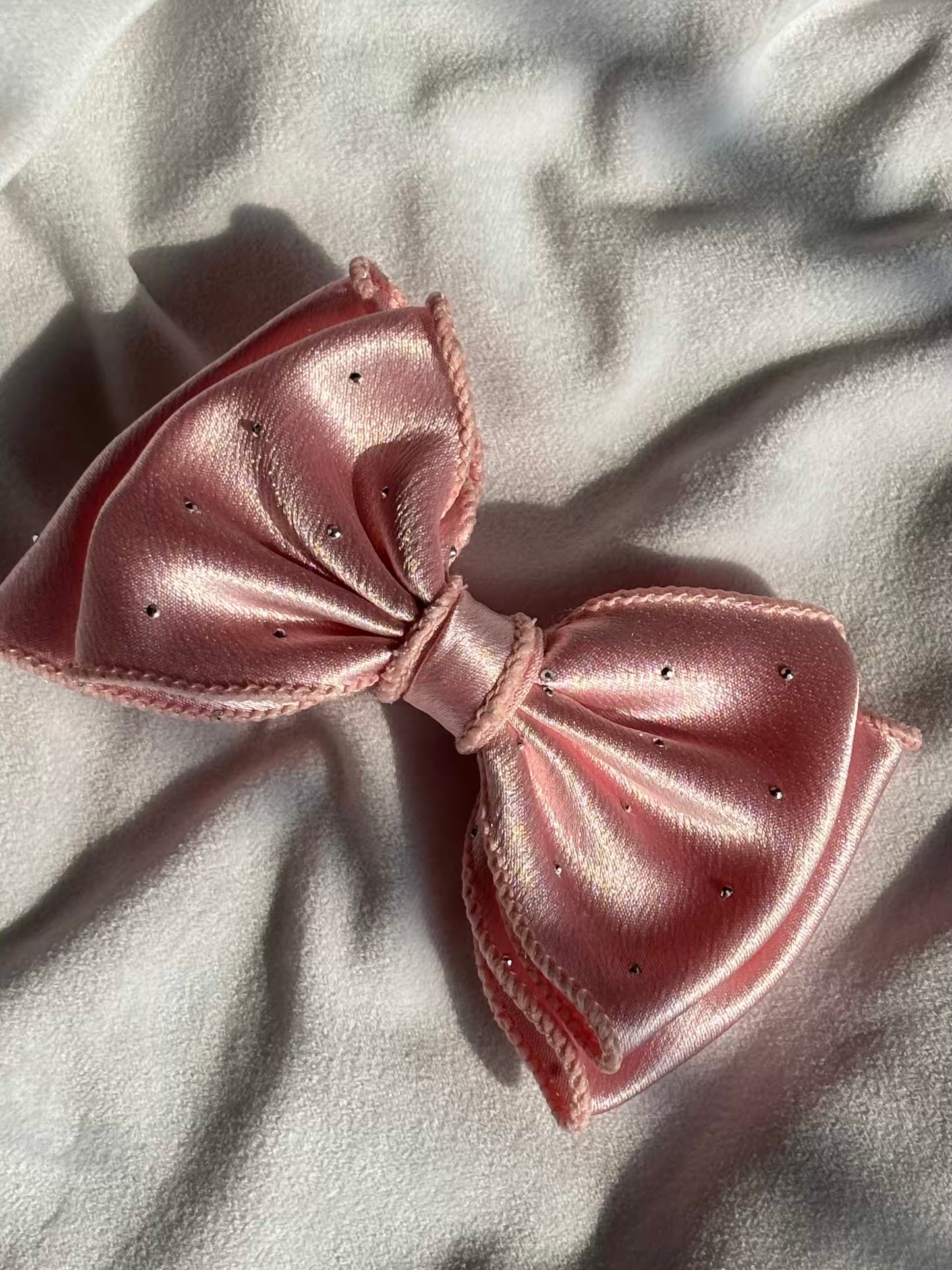 Pink Peach Layered Hair Bow Clip For Women -( Satin Textured )