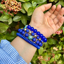 Load image into Gallery viewer, Cobalt Blue Beaded Stack Elastic Bracelet With Customised Initial ( Gold )
