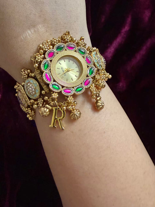 Ghungroo Pink Green Maharani Watch ( Customise Free Initial )( Random side strap colour)