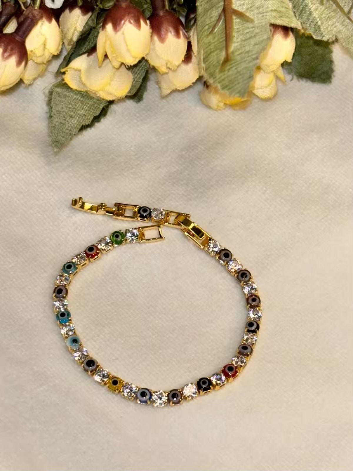 Colourful Evil Eye Shining Solitaire Diamonds Tennis Bracelet - Gold Colour