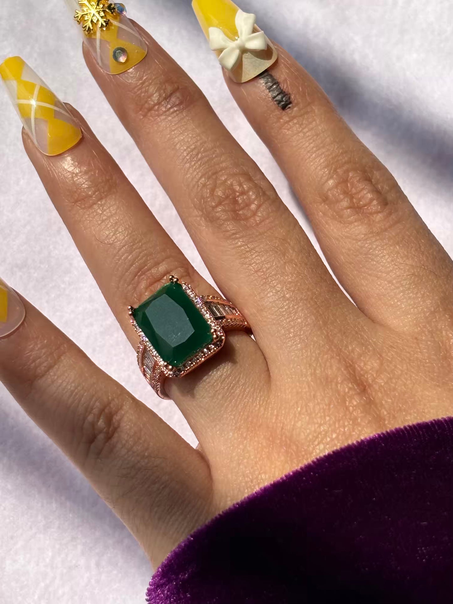 Premium Green Emerald Rectangular Ring( Rose Gold )Adjustable