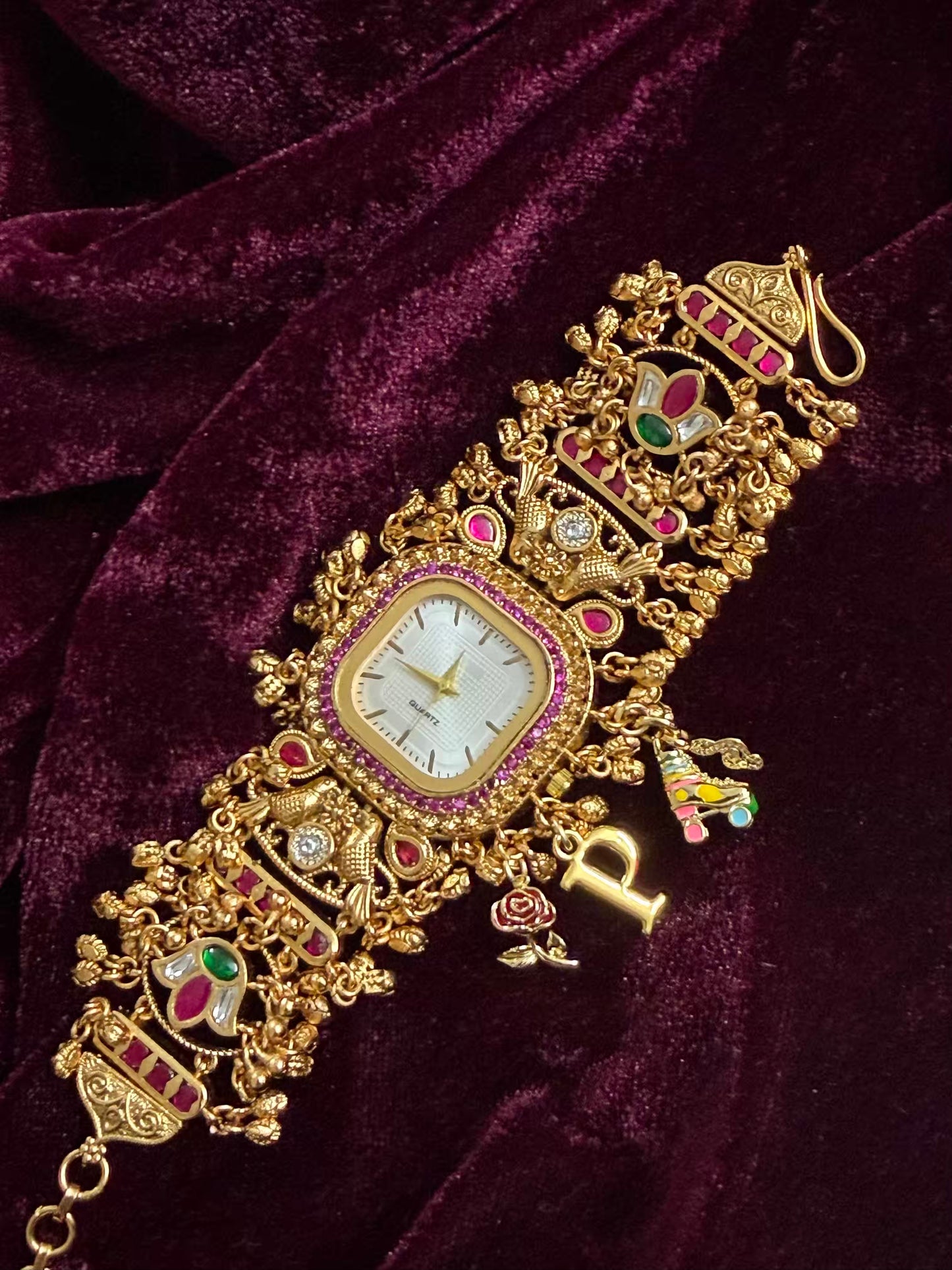 Square Dial Maharani Watch Heritage Bracelet with Skates and Rose ( Add your initial FREE )