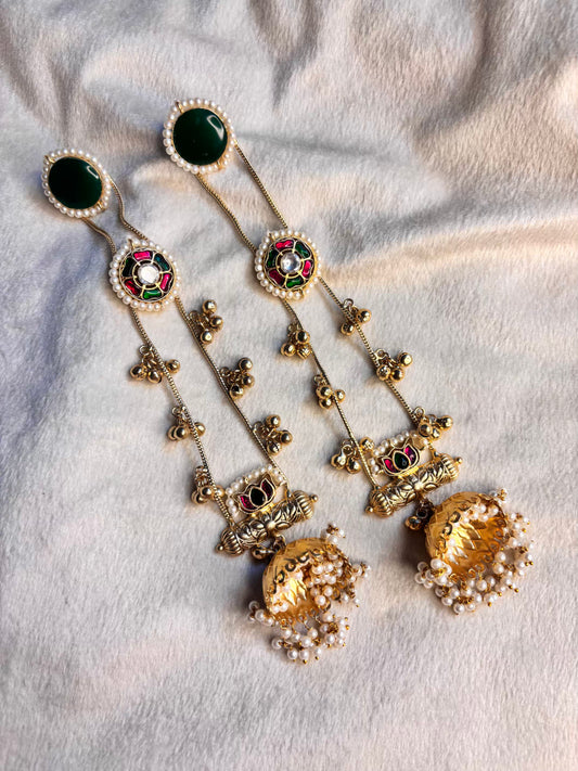 Emerald Green Long Loaded Jhumkas No Kashmiri Brass Premium Plated Ghungroo Earrings ( FLAT 15% off At Cart )