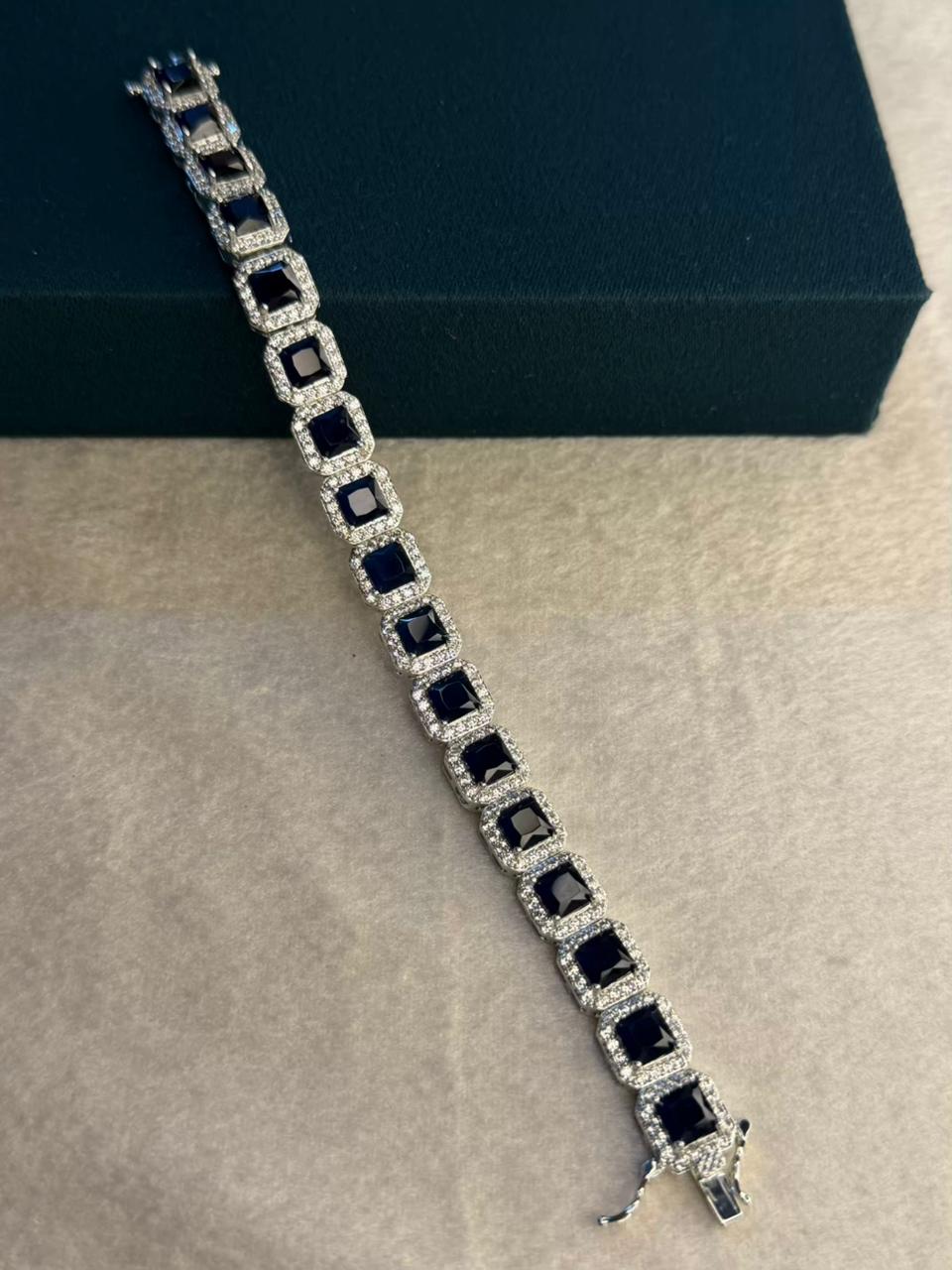 Navy Blue Square Shape Stones Silver Plated Tennis Bracelet