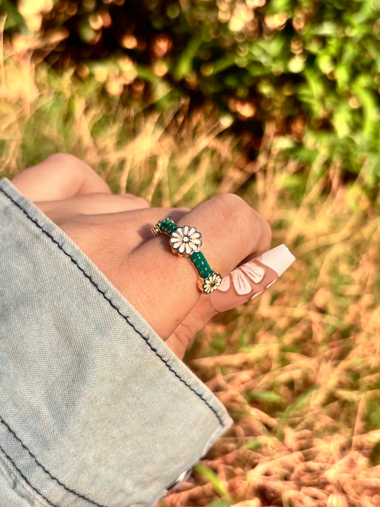Green Sunflower Band Ring - Adjustable