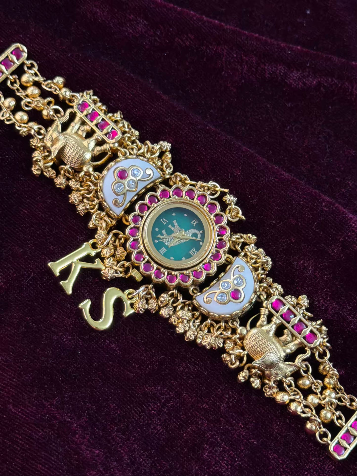 Green in Burgundy Dial Half Moon Maharani Watch Design Bracelet