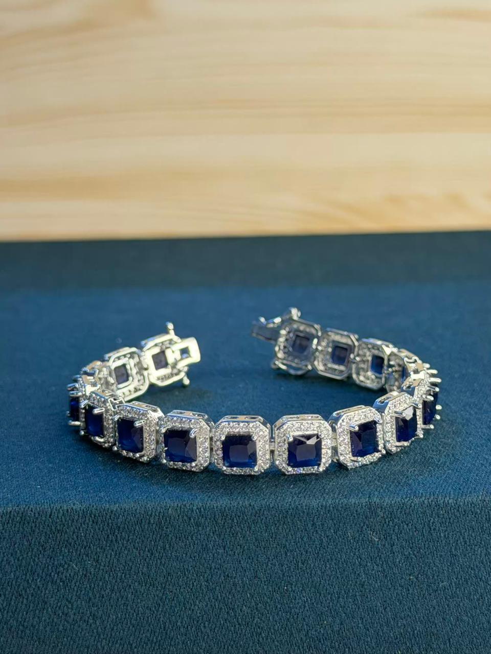 Navy Blue Square Shape Stones Silver Plated Tennis Bracelet