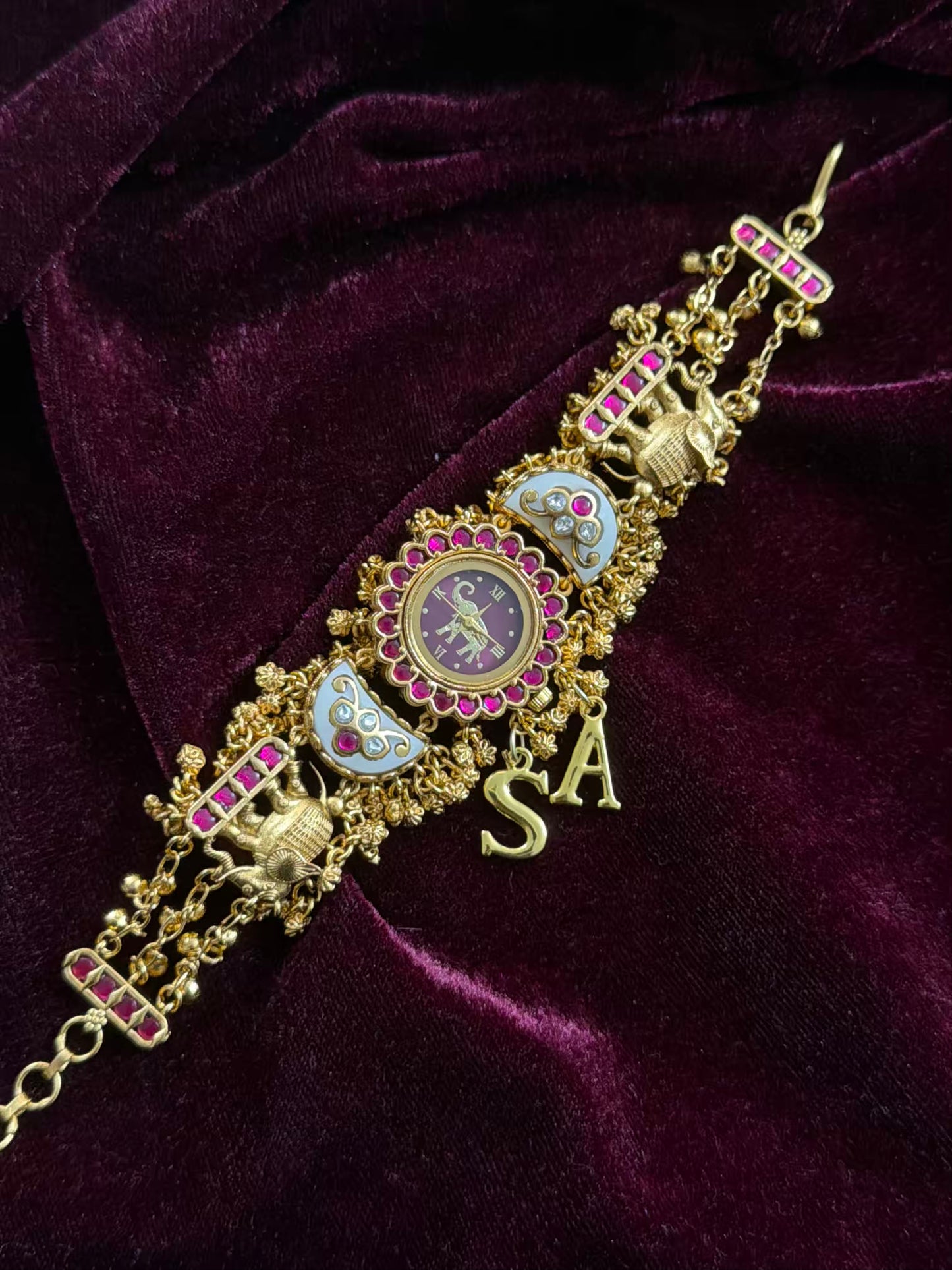 Green in Burgundy Dial Half Moon Maharani Watch Design Bracelet