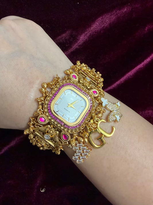 Square Dial Maharani Watch Heritage Bracelet with Butterfly and Heart  Charms