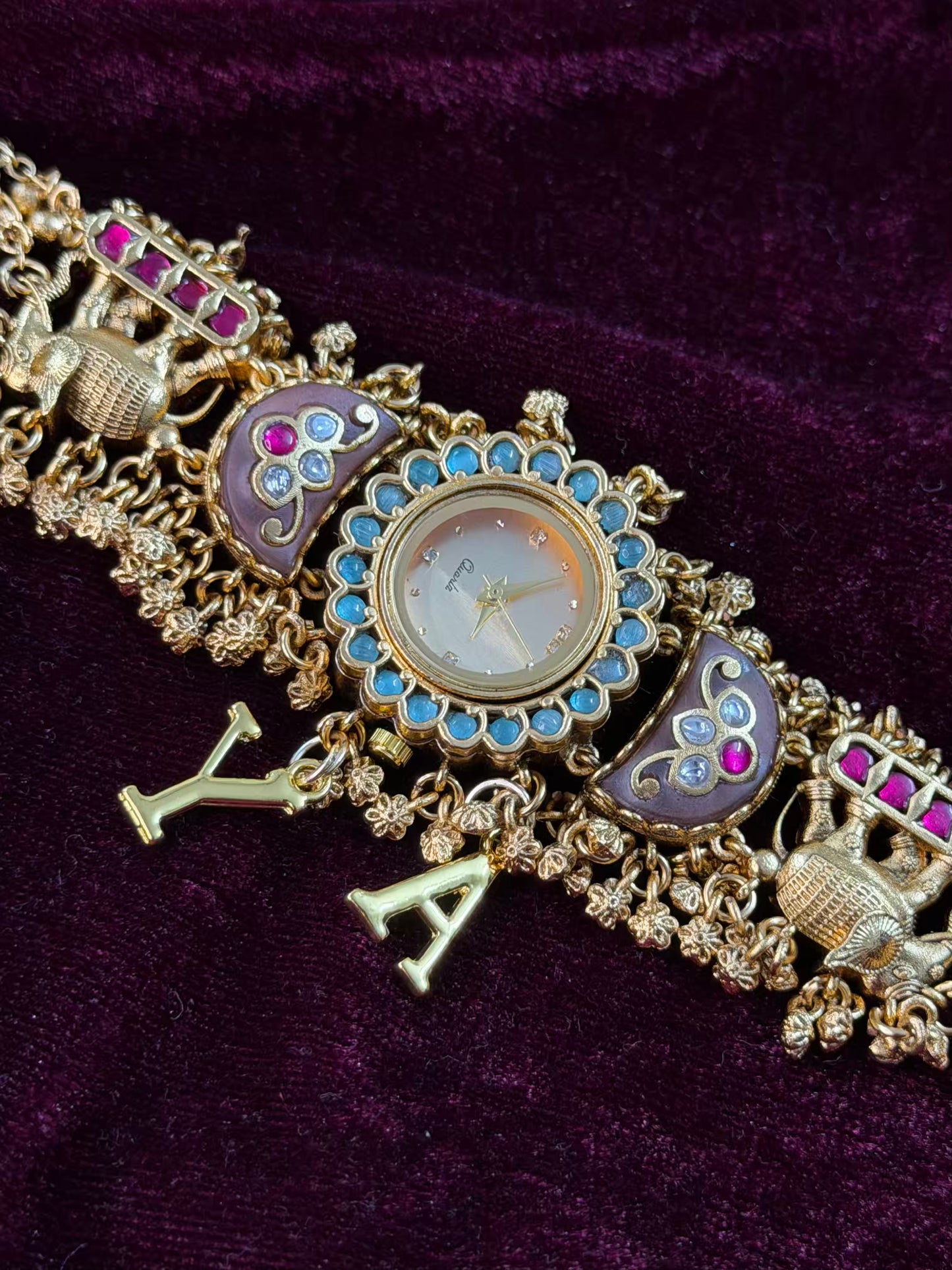 Green in Burgundy Dial Half Moon Maharani Watch Design Bracelet