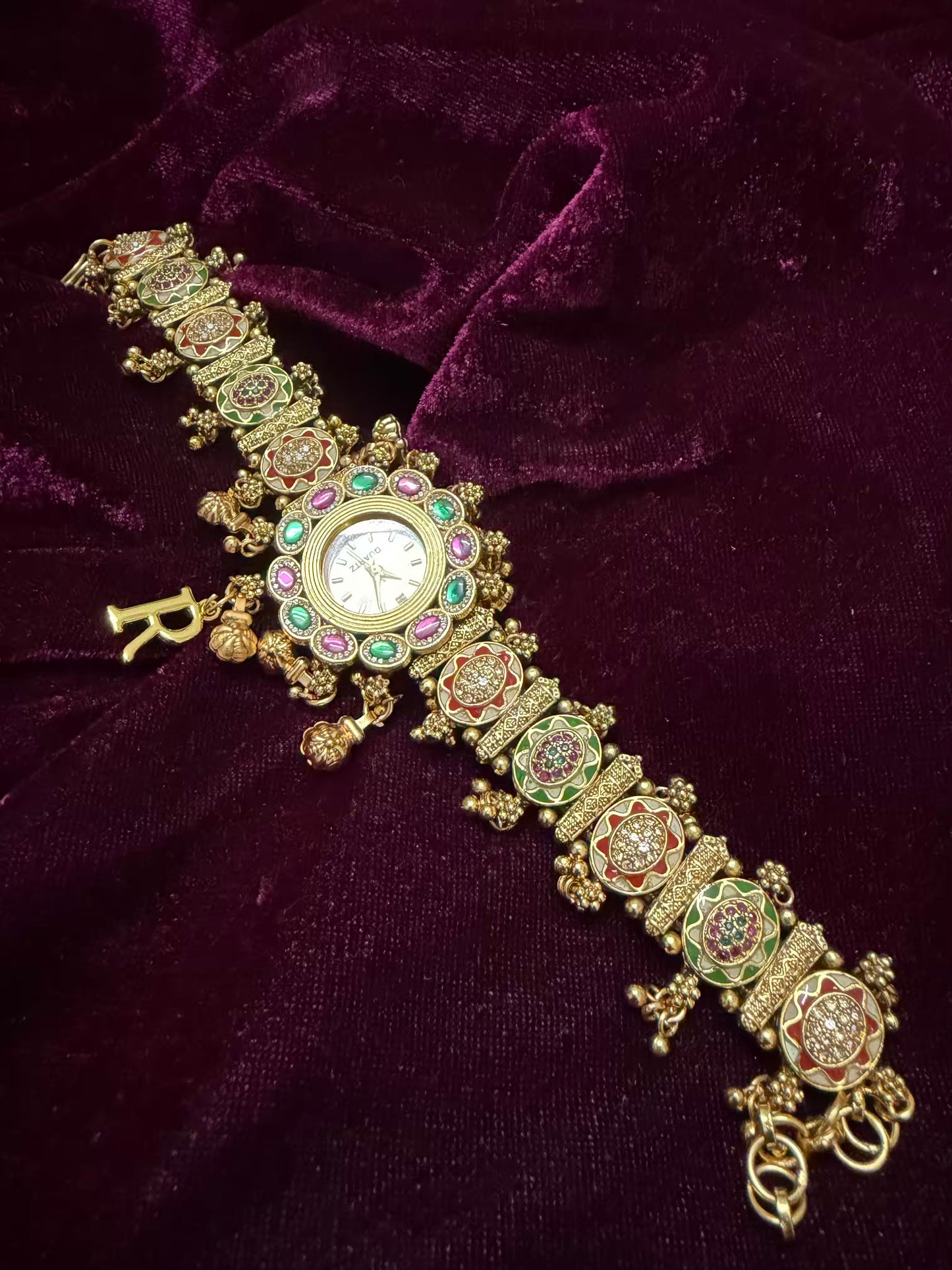 Premium Meenakari Lavender Emerald Heritage Watch Rakhi with Pastel Enamel (Free Initial)