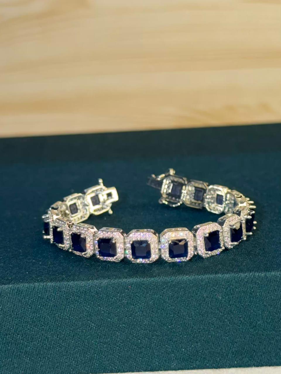 Navy Blue Square Shape Stones Silver Plated Tennis Bracelet