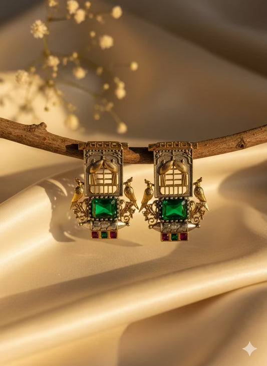 Dual Tone Green Emerald Khidki Premium Oxidised Silver Plated Earrings