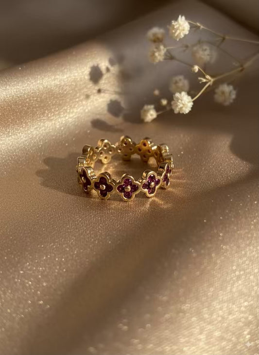 Magenta Clover Colourful Gold Plated Premium Ring (Adjustable)