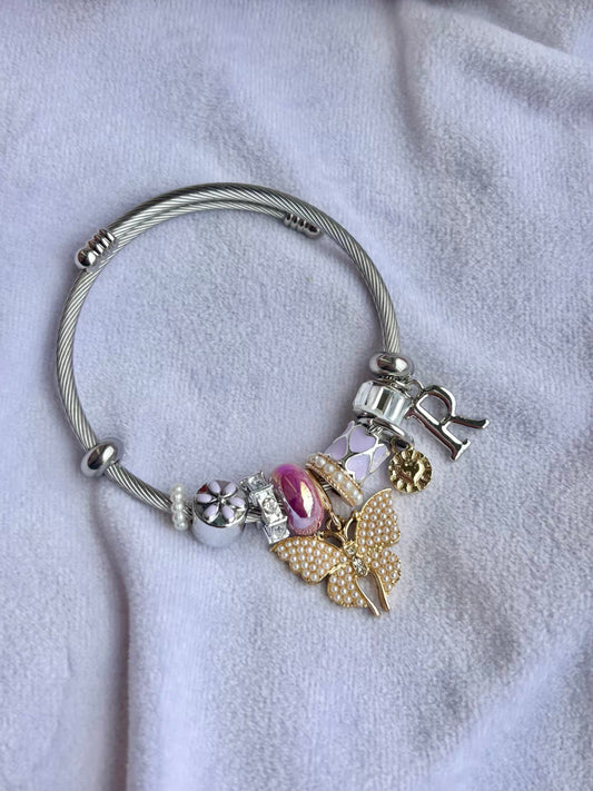 Pandora Charms Lilac Butterfly Bracelet With Customised Initial  ( Silver )