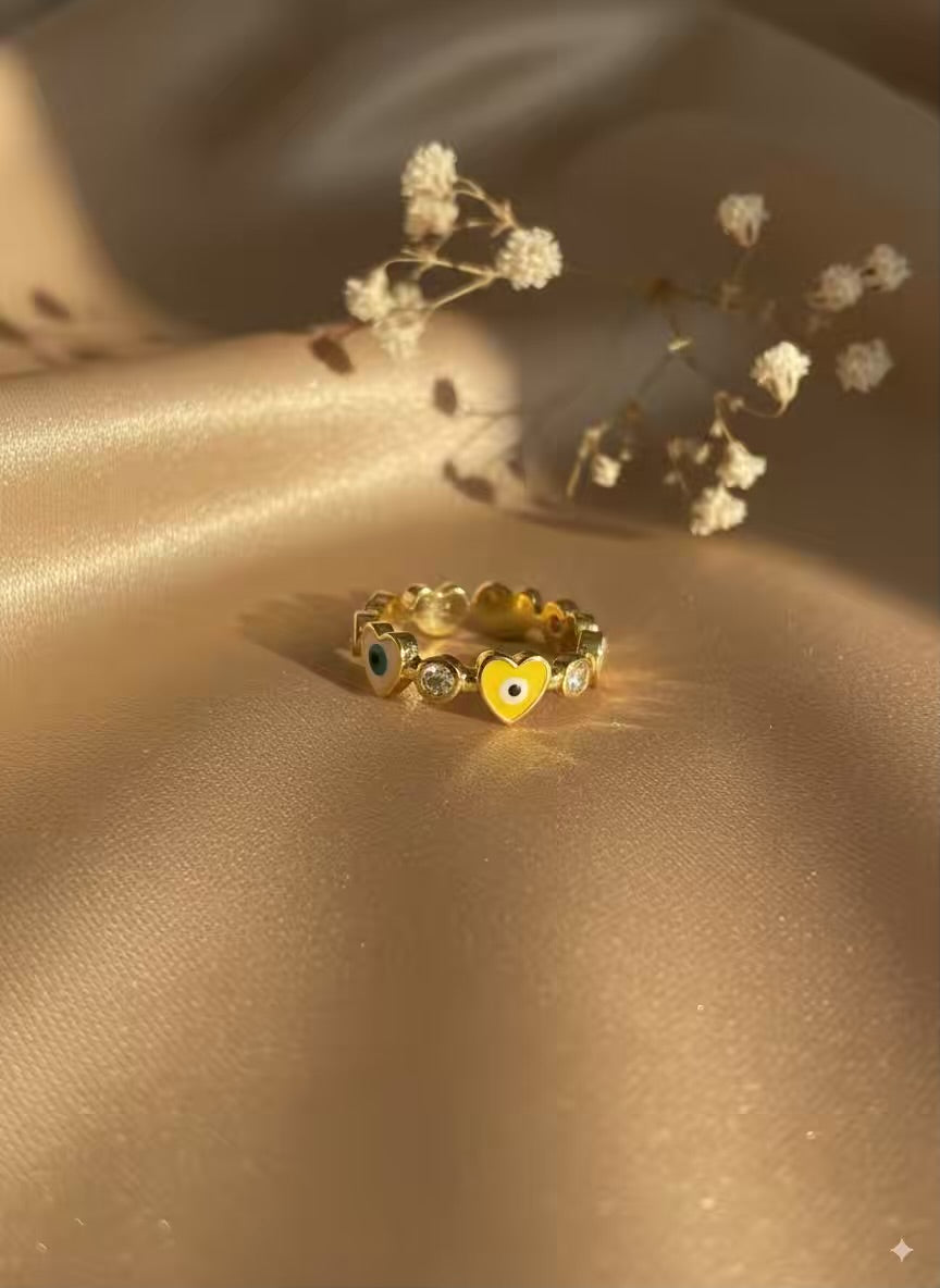 Heart Colourful Evil Eye Gold Plated Premium Ring (Adjustable)