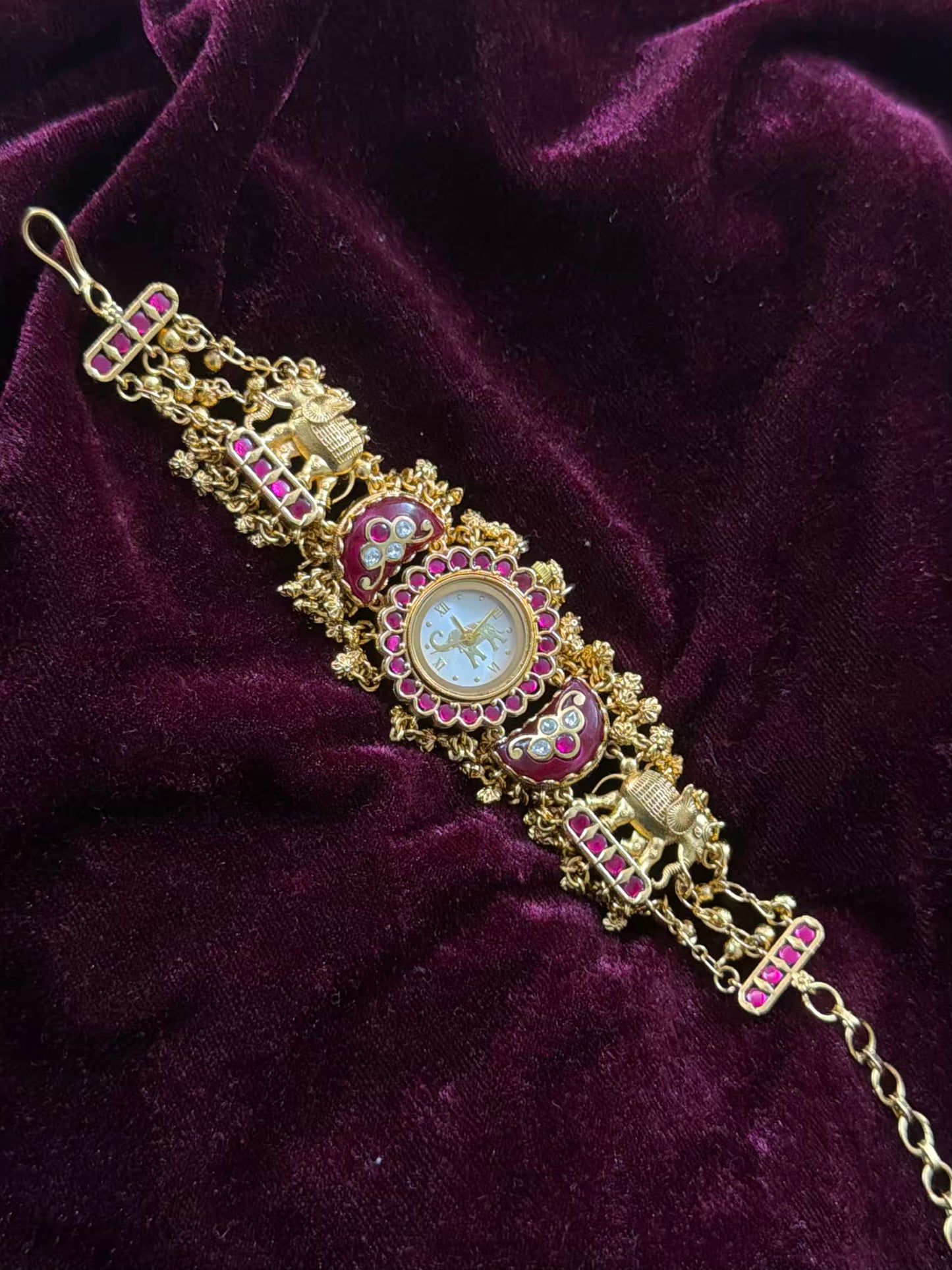 Green in Burgundy Dial Half Moon Maharani Watch Design Bracelet