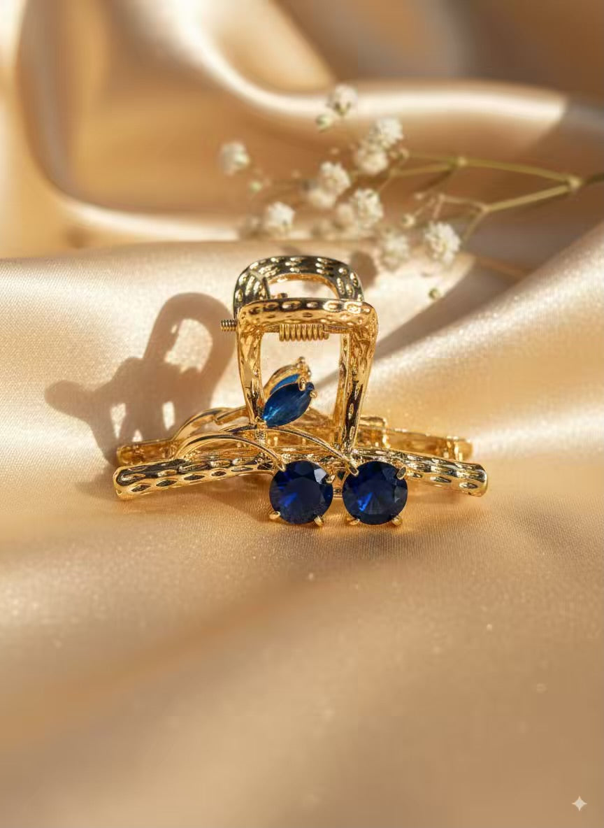 Sapphire Blue Cherry Premium Claw Clip - Gold Plated