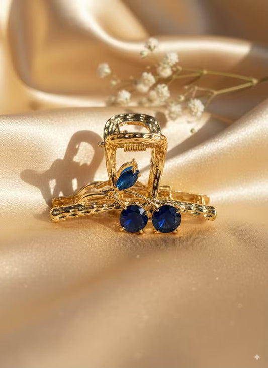 Sapphire Blue Cherry Premium Claw Clip - Gold Plated