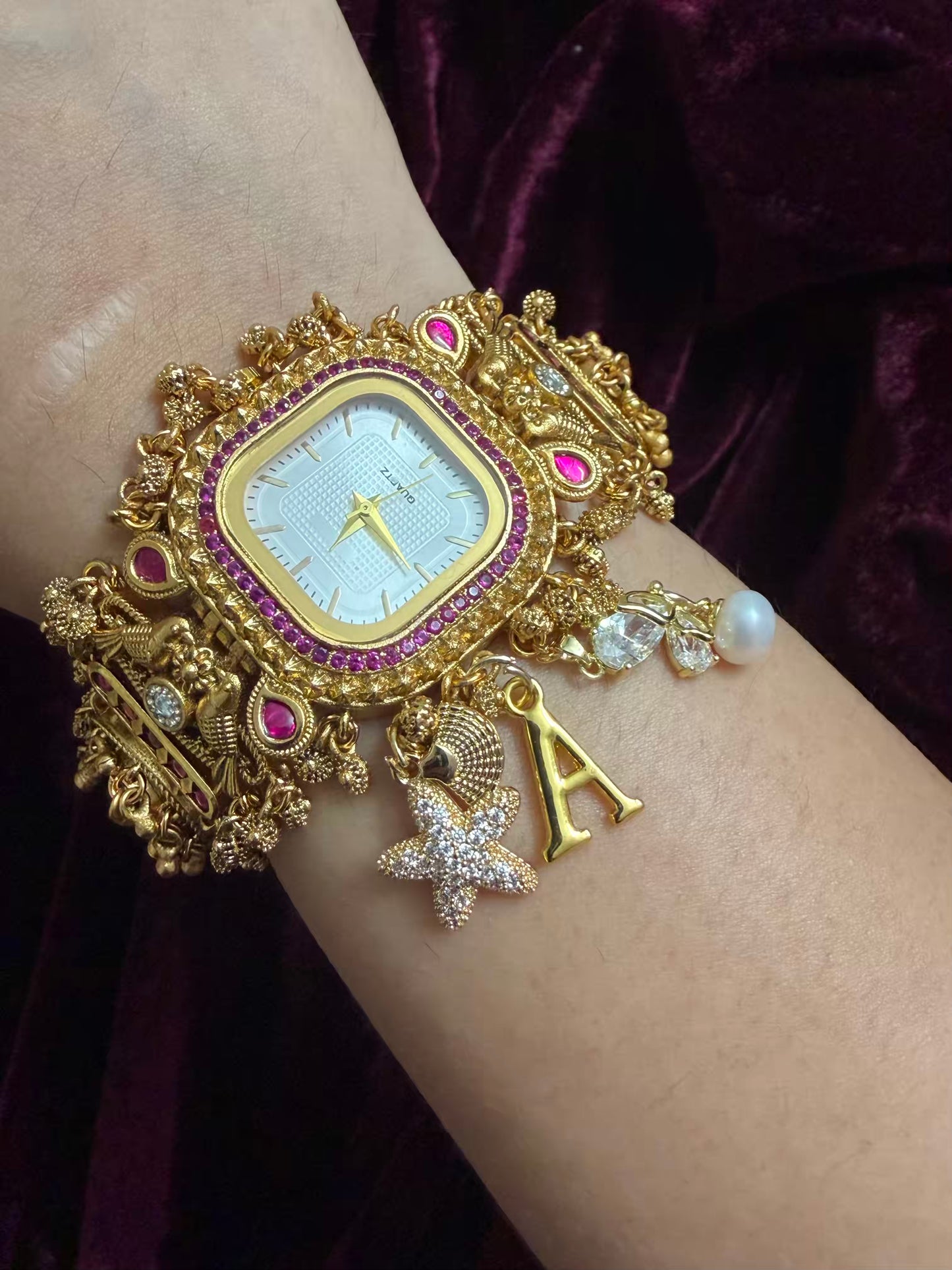 Square Dial Maharani Watch Heritage Bracelet with Charms