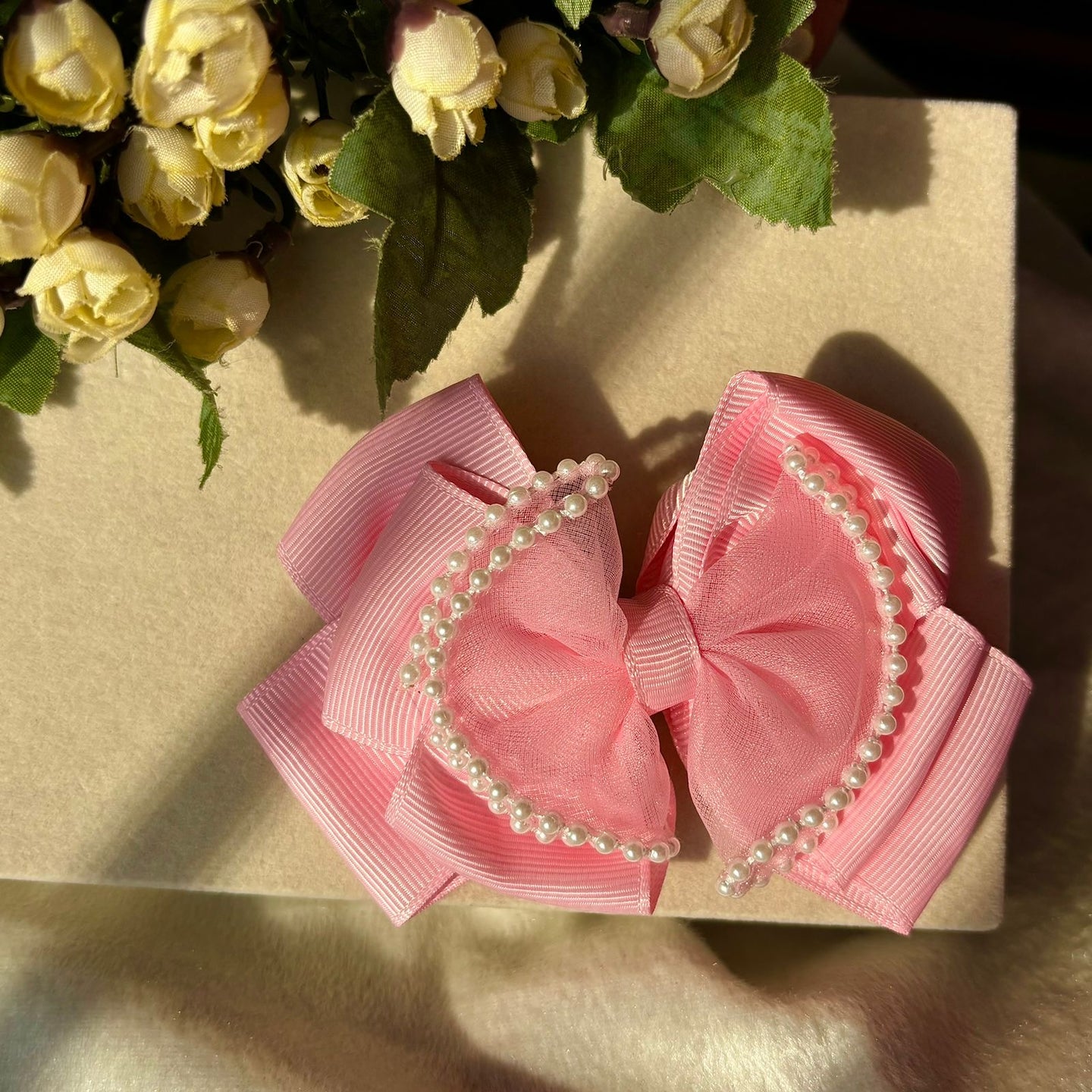 Baby Double Hair Bow Clip For Women - Rose Light Pink( Ribboned And Netted)