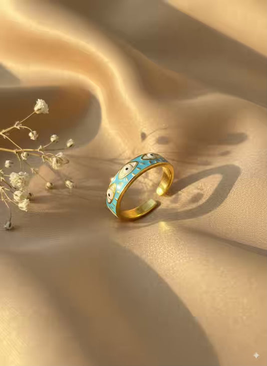 Sky blue Small Evil Eye Gold Plated Premium Ring (Adjustable)