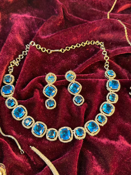 Turquoise Blue Sapphire Cushion Halo Statement Necklace Set