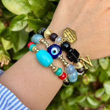 Load image into Gallery viewer, Black Evil Eye Baby Stack Elastic Bracelet With Customised Initial ( Gold )
