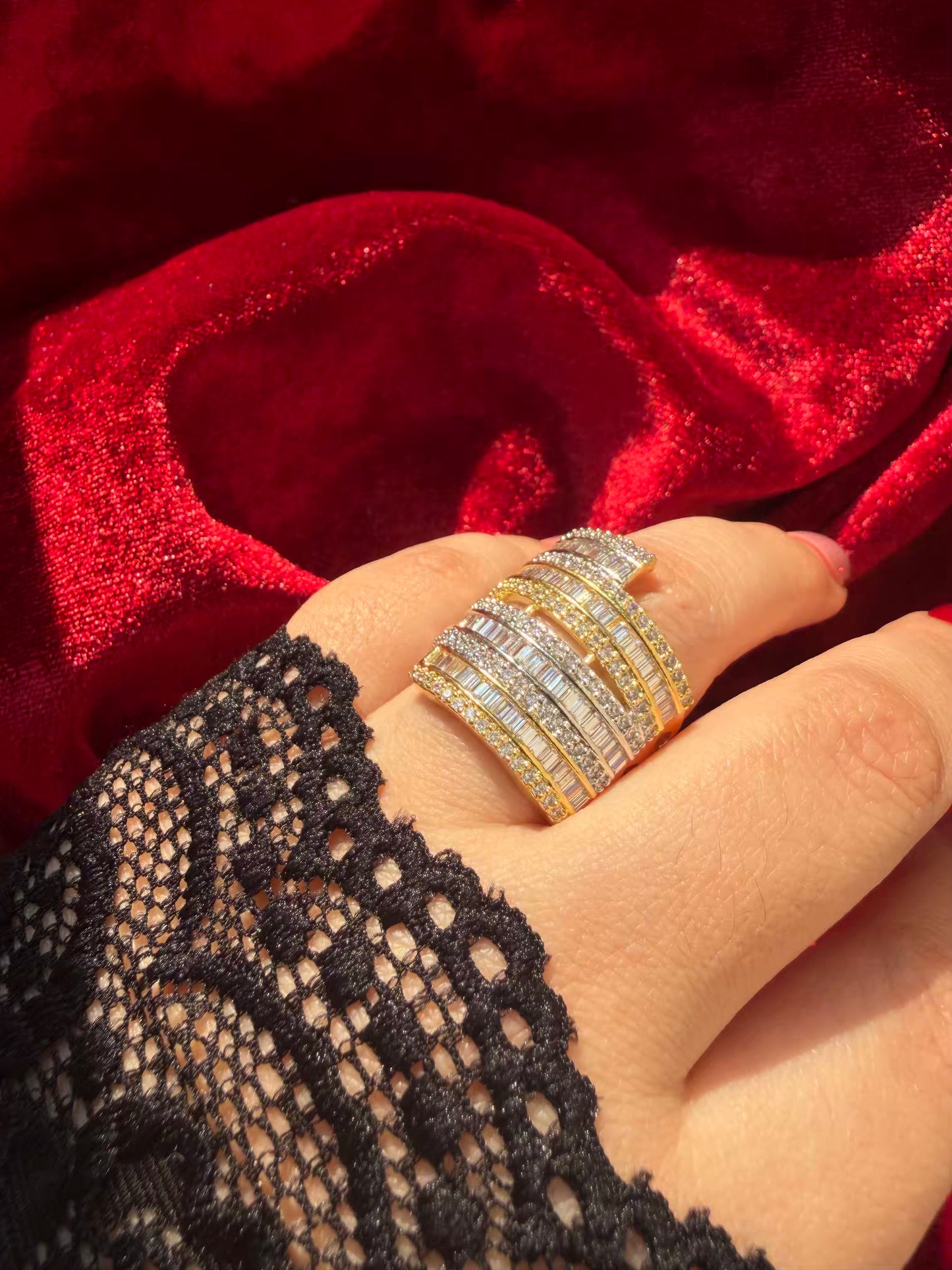 Layered Round Crown Crystal 18K Gold Plated Statement Ring Adjustable