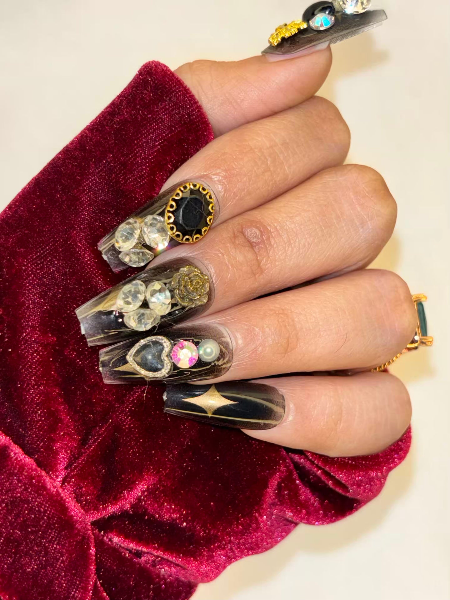 Studded Black Rose Stone Fancy Party Press On Nails ( Set of 24 )