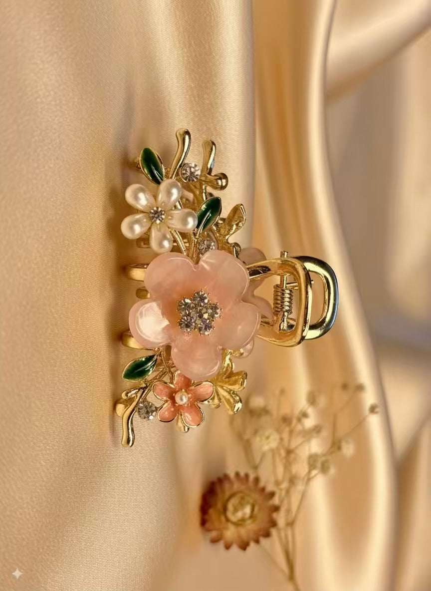 Navratri Premium Peach Floral Claw Clip For Women- Stainless Steel